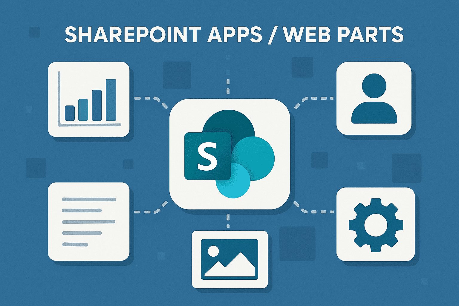 Illustration of modern web parts and apps interface, showcasing collaboration, dashboards, and digital workspace tools