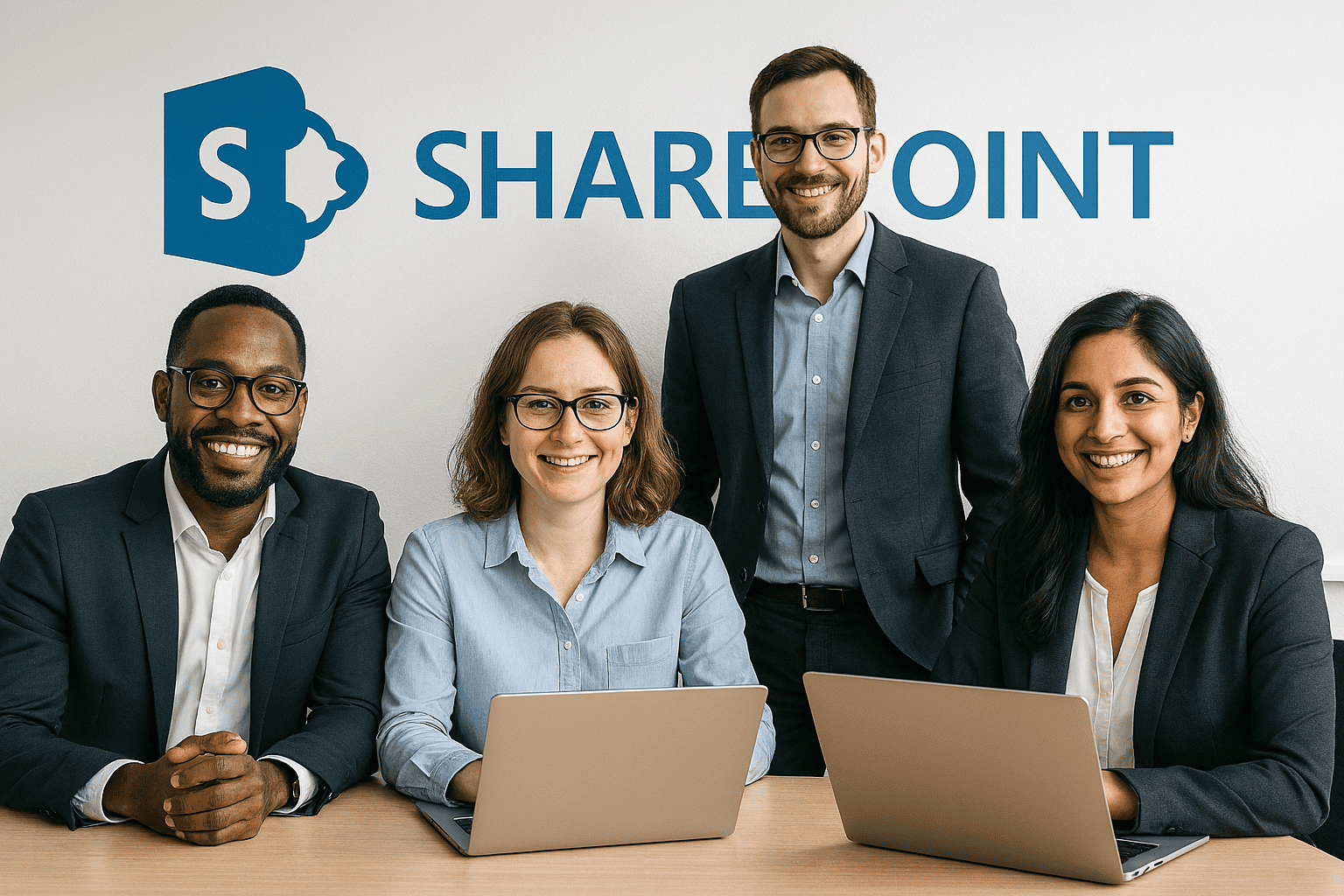 Group of professional consultants collaborating in a modern office environment, discussing enterprise solutions and digital transformation strategies.