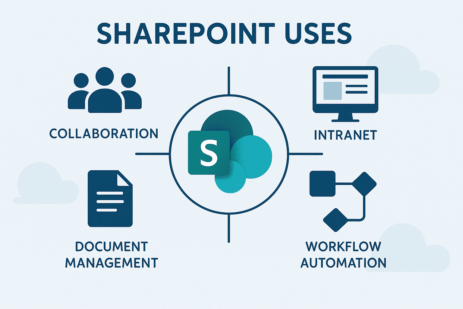 Illustration showcasing various SharePoint uses in a business environment, including document management, team collaboration, intranet portals, workflow automation, and data integration, with icons and visual elements representing each function.
